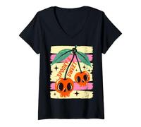 Donna Spooky And Sweet Cherries Halloween Skull Cherry Maglietta con Collo a V