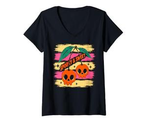 Donna Spooky And Sweet Cherries Halloween Skull Cherry Maglietta con Collo a V