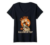 Donna Spooky Cruise Ship AW Nave Halloween Viaggio Felice Halloween Maglietta con Collo a V