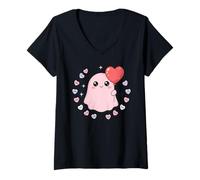 Donna Spooky Cute Ghost Valentine Kawaii Cuore Amore Estetico Maglietta con Collo a V