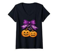Donna Spooky Cute Halloween Pumpkin Bow Bats Graphic Maglietta con Collo a V