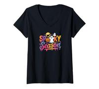 Donna Spooky Ghost Cat Pumpkin Lover Halloween Creature Monster Maglietta con Collo a V