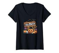 Donna Spooky Ghost Cat Pumpkin Lover Halloween Creature Monster Maglietta con Collo a V