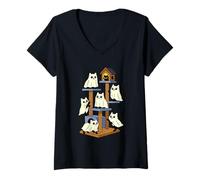 Donna Spooky Ghost Cats Carino Halloween Divertente Gatto Fantasma Amanti Maglietta con Collo a V