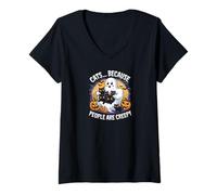 Donna Spooky Ghost Cats Lover Halloween Creature Monster Maglietta con Collo a V