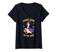 Donna Spooky Goose On The Loose Funny Witch Pumpkin Halloween Maglietta con Collo a V