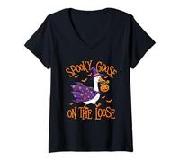 Donna Spooky Goose On The Loose - Halloween Jack O'Lantern Maglietta con Collo a V