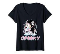 Donna Spooky Grim Reaper Unicorno Carino Halloween Arcobaleno Grafica Maglietta con Collo a V