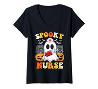 Donna Spooky Infermiera Fantasma Groovy Halloween Carino Allattamento Maglietta con Collo a V