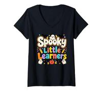 Donna Spooky Little Learners, Apple Ghost Design Maglietta con Collo a V