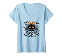 Donna Spooky Mama Halloween Gatto Carino Fiocco Maglietta con Collo a V