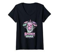 Donna Spooky Mama Pastello Gotico Scheletro Mano caffè Mamma Halloween Maglietta con Collo a V
