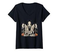 Donna Spooky Night-Mares Cavallo Divertente Halloween Carino Fantasma Cavallo Maglietta con Collo a V