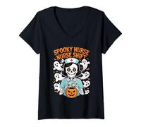 Donna Spooky Nurse Shift Funny Nurses Ghosts Skeletons Halloween Maglietta con Collo a V