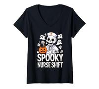 Donna Spooky Nurse Shift Funny Nurses Skeletons Ghost Halloween Maglietta con Collo a V