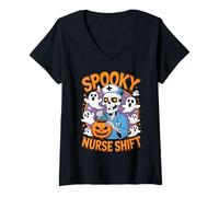 Donna Spooky Nurse Shift Nurses Skeletons Ghosts Halloween Maglietta con Collo a V
