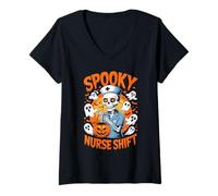Donna Spooky Nurse Shift Nurses Skeletons Ghosts Halloween Maglietta con Collo a V