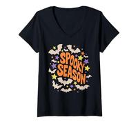 Donna Spooky Season Halloween Boho Bats Stars Maglietta con Collo a V