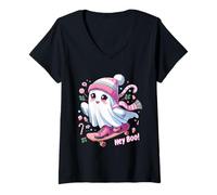 Donna Spooky Season-Hey Boo! Christmas Lights Skateboard Ghost Kid Maglietta con Collo a V