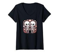 Donna Spooky Skull Coppia San Valentino Romantico Gotico Amore Maglietta con Collo a V