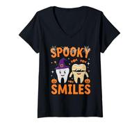 Donna Spooky Smiles Carino Halloween Dente Design Maglietta con Collo a V