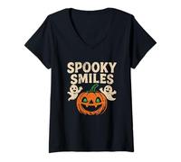 Donna Spooky Smiles Zucca e Fantasmi Maglietta con Collo a V