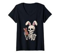 Donna Spooky Spring Skeleton Bunny Fascia Donut Art Maglietta con Collo a V