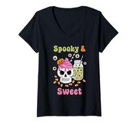 Donna Spooky Sweet Shirt Skull Mug Candy Mais Zucca Drink Maglietta con Collo a V