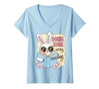 Donna Spring Reading Bunny Book Lover Reader Humor Maglietta con Collo a V