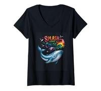Donna Spruzza un po' di colore con balene e arcobaleno Maglietta con Collo a V
