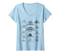 Donna Squalo Faces Vintage Incisione Marine Biologia Oceano Specie Maglietta con Collo a V