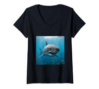 Donna Squalo Subacquea Primo Piano Marine Predator Scena Maglietta con Collo a V