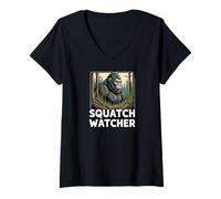 Donna Squatch Watcher Bigfoot Forest Cryptid Hunter Design Maglietta con Collo a V