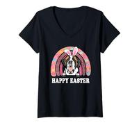 Donna St Bernard Dog Easter Bunny Eggs Hunting Boho Rainbow Maglietta con Collo a V