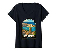 Donna St Ives Cornovaglia Vintage Harbour Art Coastal Travel Design Maglietta con Collo a V