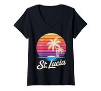 Donna St Lucia Caraibi Vacanza Retro Anni '80 Tropicale Maglietta con Collo a V