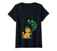 Donna St Patrick Day Irish Leprechaun Cat Che soffia Bolle Trifoglio Maglietta con Collo a V