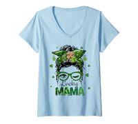Donna St Patrick's Day Leopard Lucky Mama Messy Bun Shamrock Green Maglietta con Collo a V