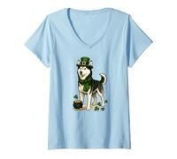 Donna St Patrick's Day Siberian Husky cane, Leprechaun Hat Maglietta con Collo a V
