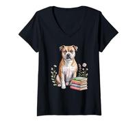 Donna Staffordshire Bull Terrier Books Flowers Book Reading Maglietta con Collo a V