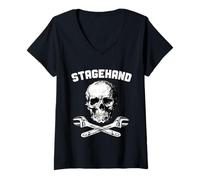 Donna Stagehand Skull Crossed C Wrench Backstage Theatre Tech Crew Maglietta con Collo a V
