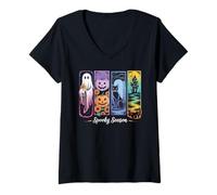 Donna Stagione spettrale Halloween Fantasma Zucca Gatto Haunted House Autunno Maglietta con Collo a V