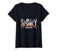 Donna Stagione spettrale Halloween Gatto Fantasma Zucca Strega Divertimento Autunnale Maglietta con Collo a V