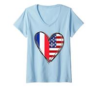Donna Stampa a Forma di Cuore con Scritta Proud To Be French American Cool France US Flag Maglietta con Collo a V