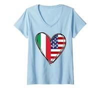Donna Stampa a Forma di Cuore con Scritta Proud To Be Italian American Cool Italy USA Flag Maglietta con Collo a V