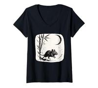 Donna Stampa a inchiostro Sumi e Degu in bambù Moon Night Maglietta con Collo a V