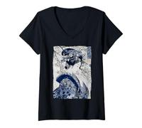 Donna Stampa Artistica Giapponese Geisha Blue Ink Block Ukiyo-e Maglietta con Collo a V