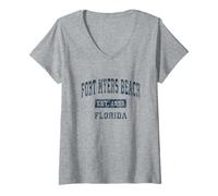 Donna Stampa blu scuro con design sportivo vintage di Fort Myers Beach Florida FL Maglietta con Collo a V