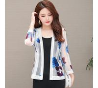 Donna Stampa Cardigan Velato a Rete Top Corto 3/4 Maniche Scialle Cappotto