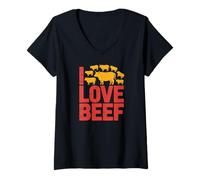 Donna Stampa I Love Beef Cattle Fanatics Maglietta con Collo a V